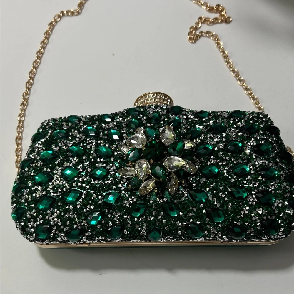 Emerald Crystal Evening Clutch with Gold Chain - Picture 9 of 16